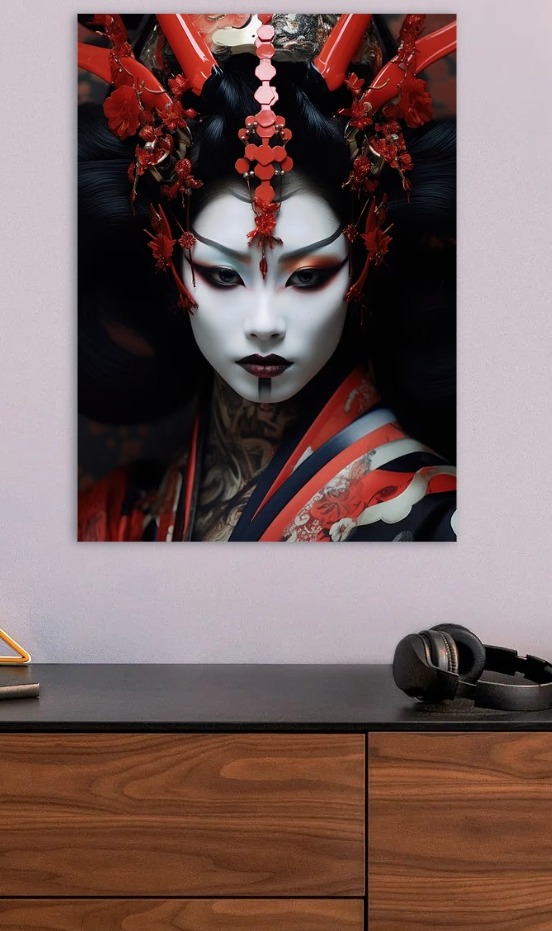 Geisha Portrait with Red and Black Headd — metal poster wall art by Lineer